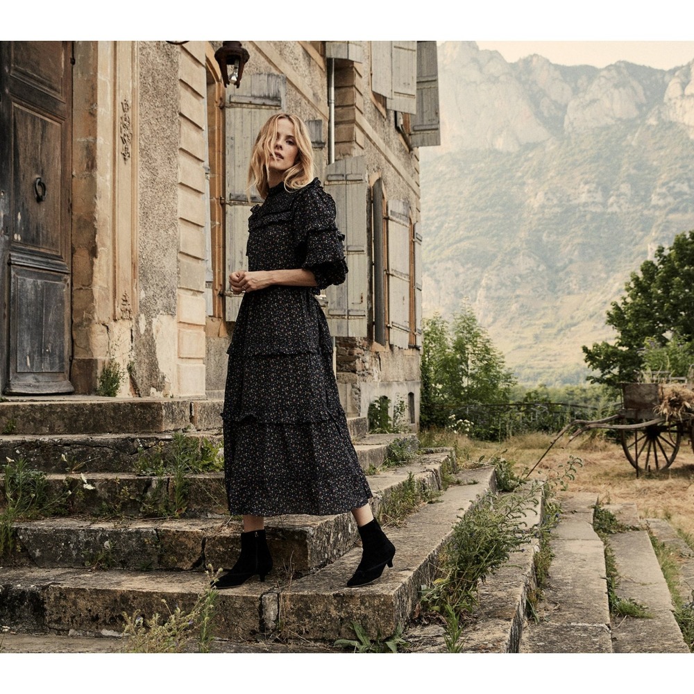 Doen Clay Dress in Black Marfa Size Small Midi Ruffle Floral